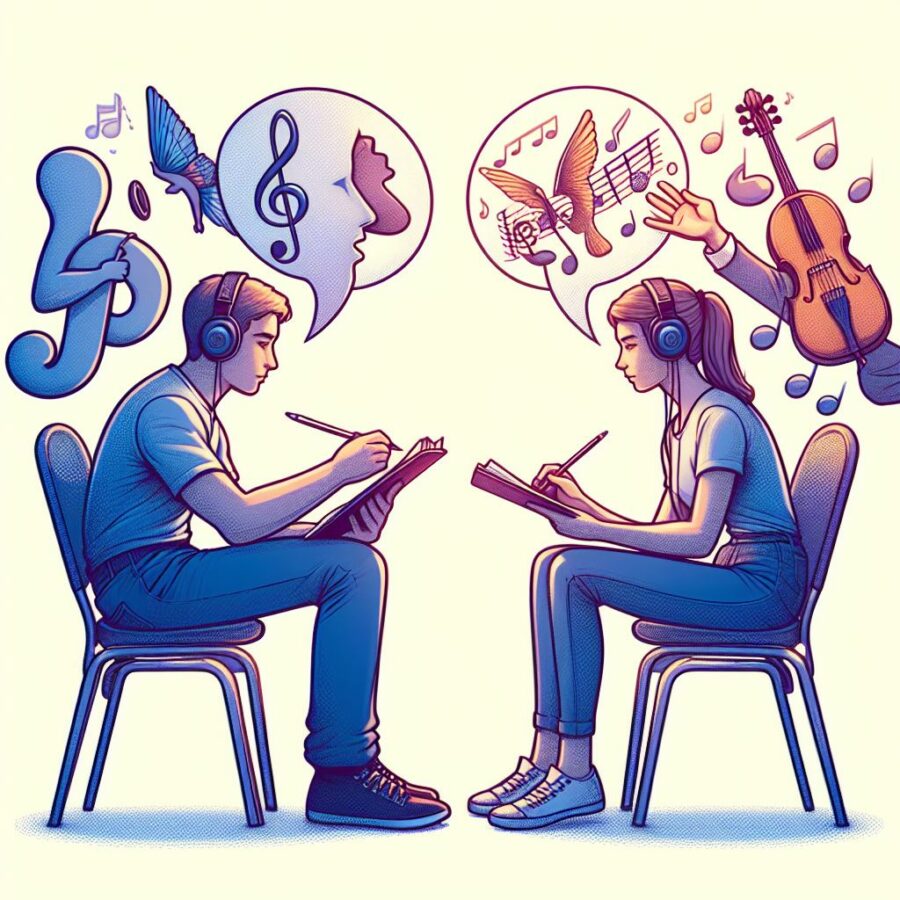 Dos jóvenes practicando las cuatro habilidades requeridas en el aprendizaje de idiomas